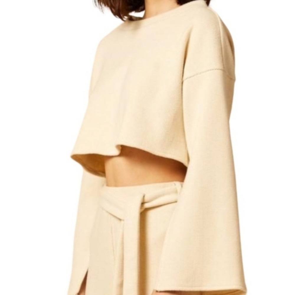 Choosy Elsa Cream Cropped Slouchy Slit Bell Sleeve Boxy Sweater